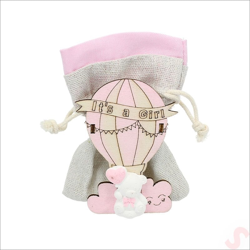 Ahşap Standlı 10cm x 8cm KESE, Pembe Uçan Balon - 1 Adet