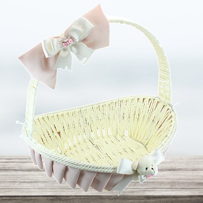 Saplı Oval Kumaş Süslü Sepet, 41 cm, Büyük Boy, Pembe