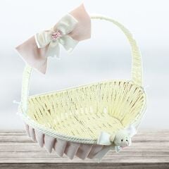 Saplı Oval Kumaş Süslü Sepet, 41 cm, Büyük Boy, Pembe
