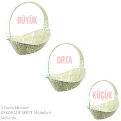 Saplı Oval Kumaş Süslü Sepet, 41 cm, Büyük Boy, Pembe