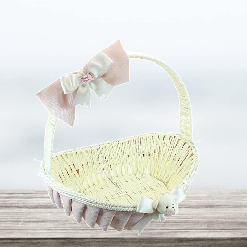 Saplı Oval Kumaş Süslü Sepet, 36 cm, Orta Boy, Pembe