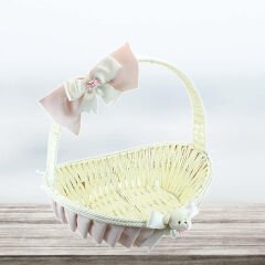 Saplı Oval Kumaş Süslü Sepet, 36 cm, Orta Boy, Pembe