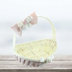 Saplı Oval Kumaş Süslü Sepet, 36 cm, Orta Boy, Pembe