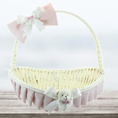 Saplı Oval Kumaş Süslü Sepet, 36 cm, Orta Boy, Pembe