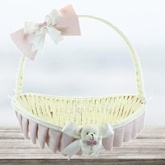 Saplı Oval Kumaş Süslü Sepet, 36 cm, Orta Boy, Pembe