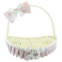 Saplı Oval Kumaş Süslü Sepet, 36 cm, Orta Boy, Pembe