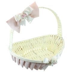 Saplı Oval Kumaş Süslü Sepet, 36 cm, Orta Boy, Pembe