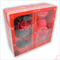 Kırmızı Pelüş Ayıcıklı ve Kutulu Yapay Çiçek Buketi - 25cm