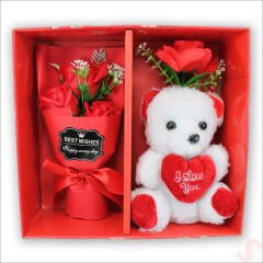 Beyaz Pelüş Ayıcıklı ve Kutulu Yapay Çiçek Buketi - 25cm