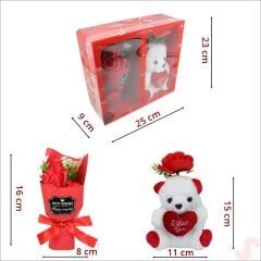 Beyaz Pelüş Ayıcıklı ve Kutulu Yapay Çiçek Buketi - 25cm