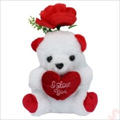 Beyaz Pelüş Ayıcıklı ve Kutulu Yapay Çiçek Buketi - 25cm