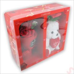 Beyaz Pelüş Ayıcıklı ve Kutulu Yapay Çiçek Buketi - 25cm