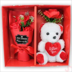 Beyaz Pelüş Ayıcıklı ve Kutulu Yapay Çiçek Buketi - 25cm