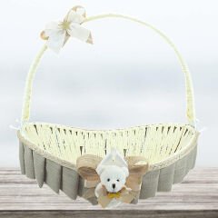 Saplı Oval Kumaş Süslü Sepet, 36 cm, Orta Boy, Taş Rengi