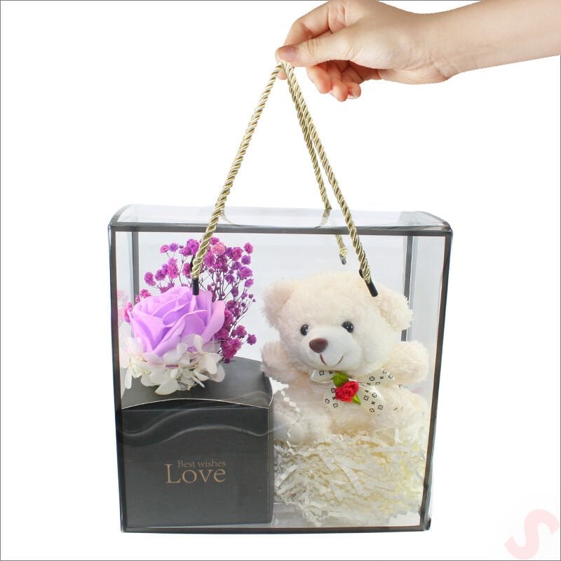 Beyaz Pelüş Ayıcıklı ve Kutulu Yapay Çiçek Buketi - 20cm