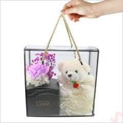 Beyaz Pelüş Ayıcıklı ve Kutulu Yapay Çiçek Buketi - 20cm