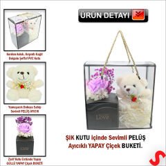 Beyaz Pelüş Ayıcıklı ve Kutulu Yapay Çiçek Buketi - 20cm