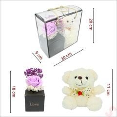 Beyaz Pelüş Ayıcıklı ve Kutulu Yapay Çiçek Buketi - 20cm