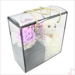 Beyaz Pelüş Ayıcıklı ve Kutulu Yapay Çiçek Buketi - 20cm