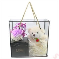 Beyaz Pelüş Ayıcıklı ve Kutulu Yapay Çiçek Buketi - 20cm