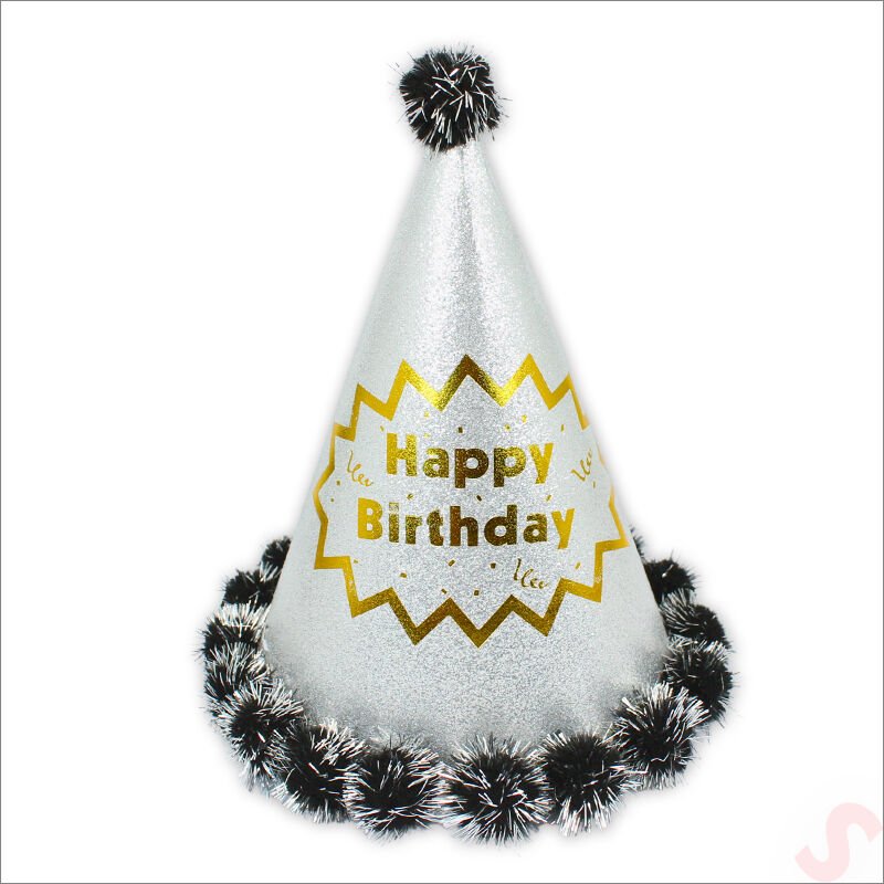 Ponponlu Happy Birthday Şapka, 20cm x 1 Adet - Gümüş