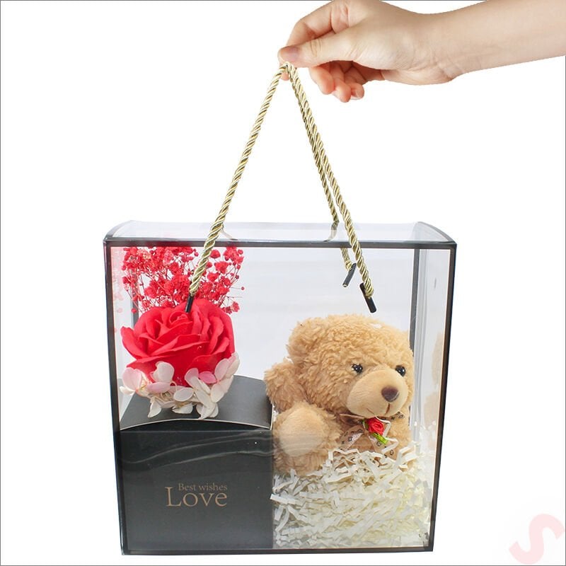 Kahve Pelüş Ayıcıklı ve Kutulu Yapay Çiçek Buketi - 20cm