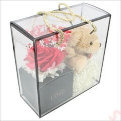 Kahve Pelüş Ayıcıklı ve Kutulu Yapay Çiçek Buketi - 20cm