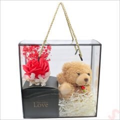 Kahve Pelüş Ayıcıklı ve Kutulu Yapay Çiçek Buketi - 20cm