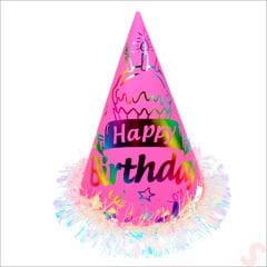 Hologram Happy Birthday Şapka, 24cm x 1 Adet - Pembe