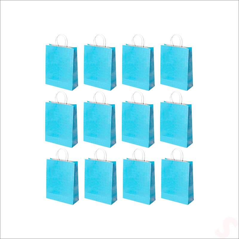 Büküm Saplı Kraft Çanta 22 x 16 x 8 cm, Mavi - 12 Adet