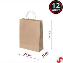 Büküm Saplı Kraft Çanta 32 x 26 x 12 cm, Natürel - 12 Adet