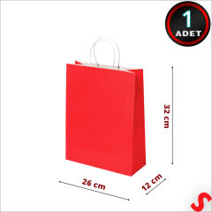 Büküm Saplı Kraft Çanta 32 x 26 x 12 cm, Kırmızı - 1 Adet