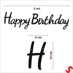 Happy Birthday Simli Folyo Karton Banner, 2 mt - Siyah
