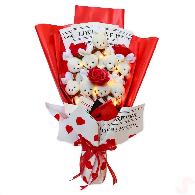 9 Beyaz Pelüş Tavşanlı Led Işıklı Kırmızı Buket, 65cm x 45cm