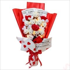 9 Beyaz Pelüş Tavşanlı Led Işıklı Kırmızı Buket, 65cm x 45cm