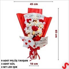 9 Beyaz Pelüş Tavşanlı Led Işıklı Kırmızı Buket, 65cm x 45cm