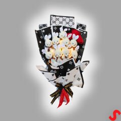 9 Beyaz Pelüş Tavşanlı Led Işıklı Siyah Buket, 65cm x 45cm