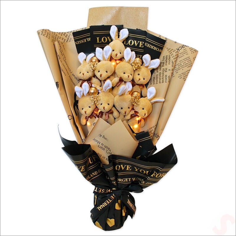 9 Kahve Pelüş Tavşanlı Led Işıklı Buket, 65cm x 45cm