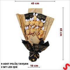 9 Kahve Pelüş Tavşanlı Led Işıklı Buket, 65cm x 45cm