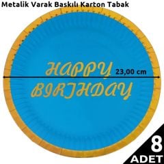 Varak Baskılı, Happy Birthday Karton Tabak, Mavi - 23 cm - 8 Adet