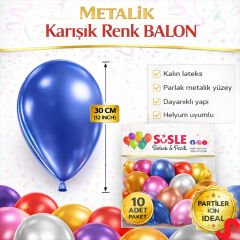 Metalik Parlak Balon, 30 cm x 10 Adet - Çok Renkli