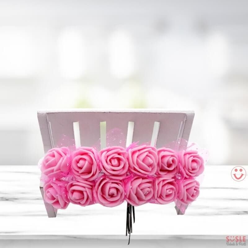 Yapay Çiçek, 12 Adetli Tüllü Lateks Gül Demeti - 8 cm, Pembe