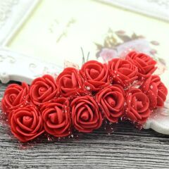 Yapay Çiçek, 12 Adetli Tüllü Lateks Gül Demeti - 8 cm, Kırmızı