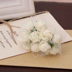Yapay Çiçek, 12 Adetli Tüllü Lateks Gül Demeti - 8 cm, Beyaz