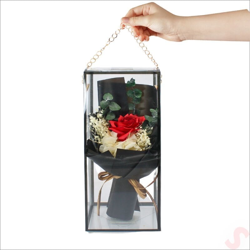 PVC Kutulu Kırmızı Lüks Güllü Kuru Çiçek Buketi,26cmx12cm