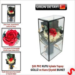 PVC Kutulu Kırmızı Lüks Güllü Kuru Çiçek Buketi,26cmx12cm