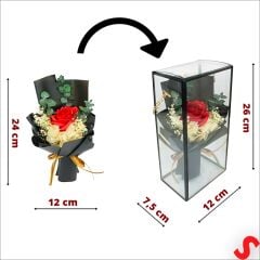 PVC Kutulu Kırmızı Lüks Güllü Kuru Çiçek Buketi,26cmx12cm