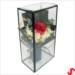 PVC Kutulu Kırmızı Lüks Güllü Kuru Çiçek Buketi,26cmx12cm