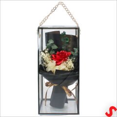 PVC Kutulu Kırmızı Lüks Güllü Kuru Çiçek Buketi,26cmx12cm