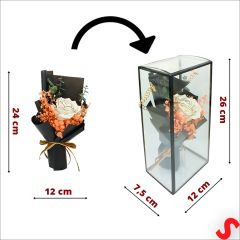 PVC Kutulu Beyaz Lüks Güllü Kuru Çiçek Buketi,26cmx12cm